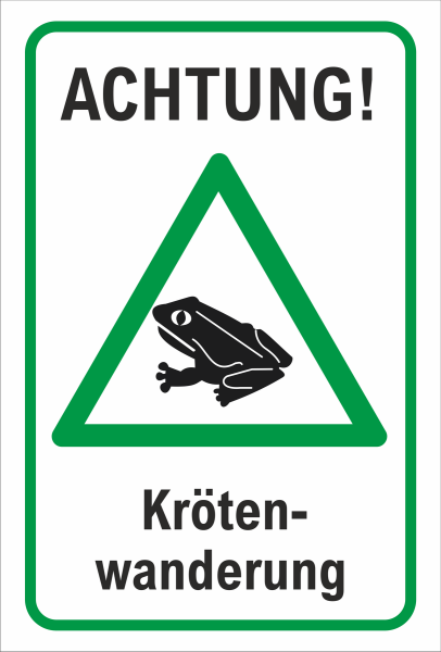 Hinweisschild  mit Text Achtung Krötenwanderungen und Krötensymbol